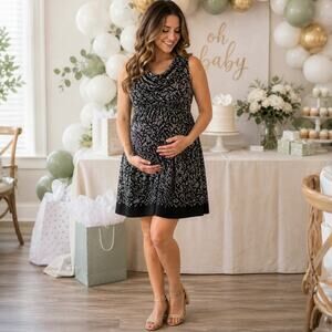 Motherhood Maternity Dress Women Medium Black White Abstract Cowl Neck Elastic